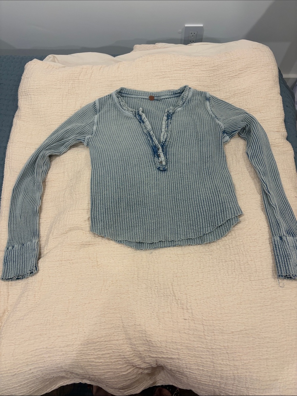 Free People Colt Light Blue/Greenish  Ribbed Thermal Henley Top with Detailing